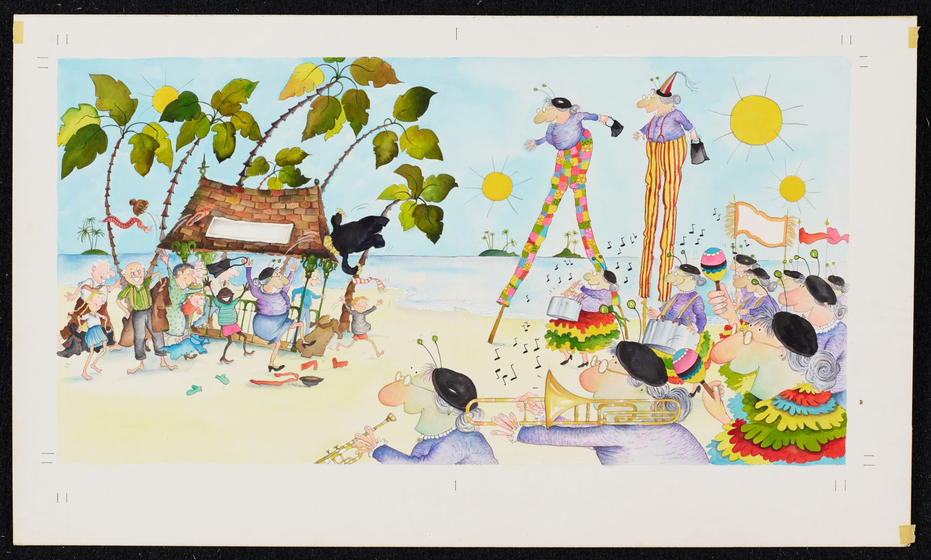 Original double-page artwork from The Trouble With Gran, featuring a lively parade