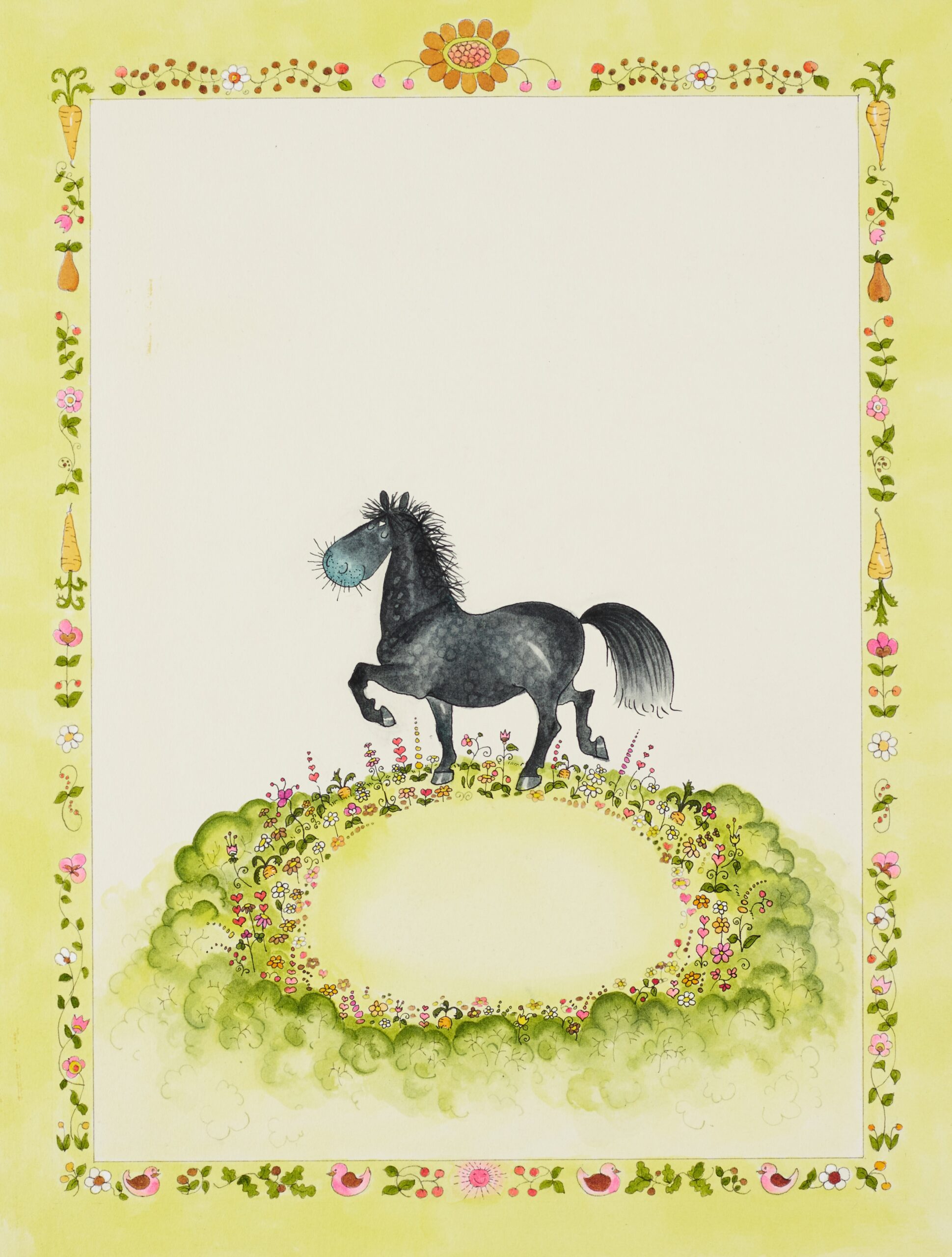 Promise the pony standing in a colourful flower garden